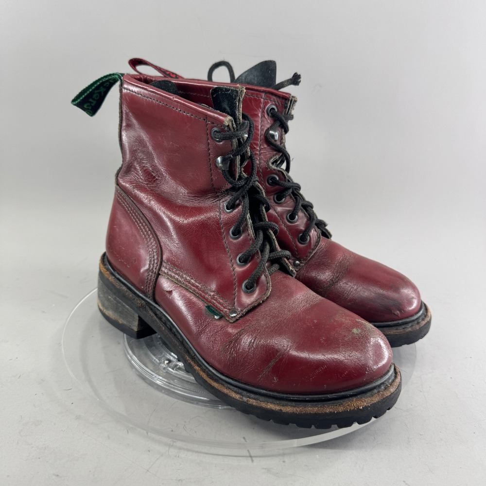 Kickers Chunky Leather Lace Up Combat Ankle Boots Burgundy Red Size 6.5 Vintage